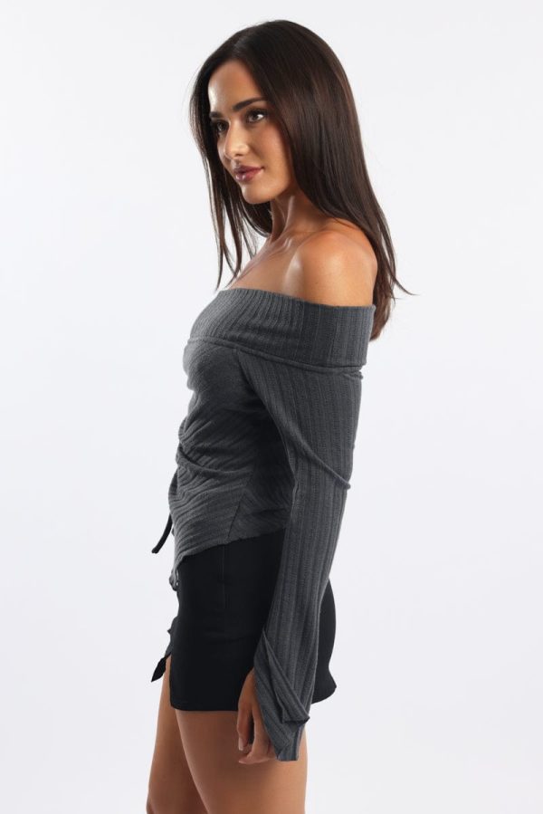 Grey Off Shoulder Top Long Sleeve Ruched - Image 3