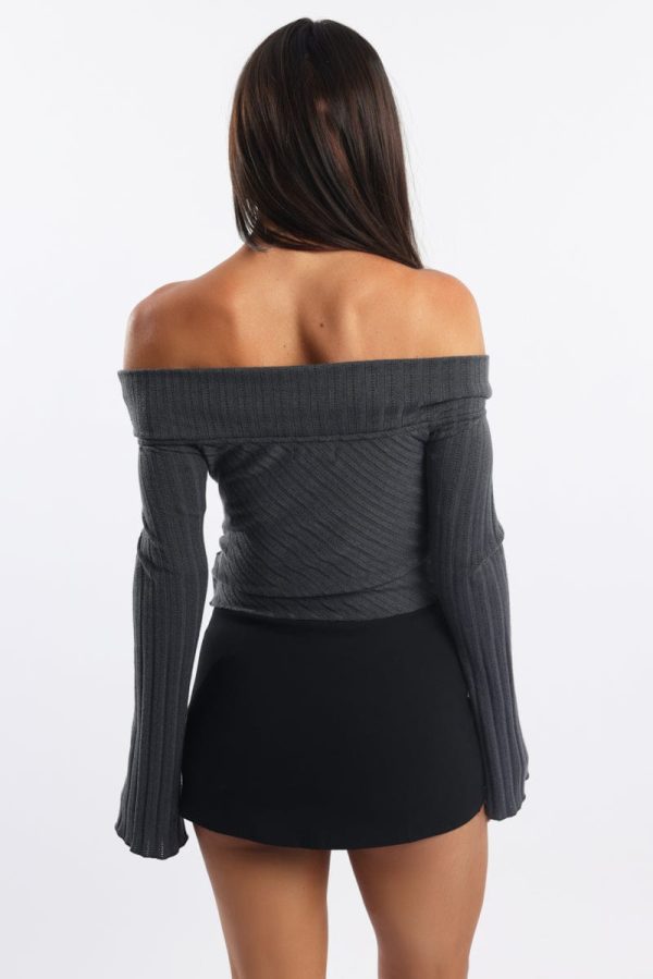 Grey Off Shoulder Top Long Sleeve Ruched - Image 4
