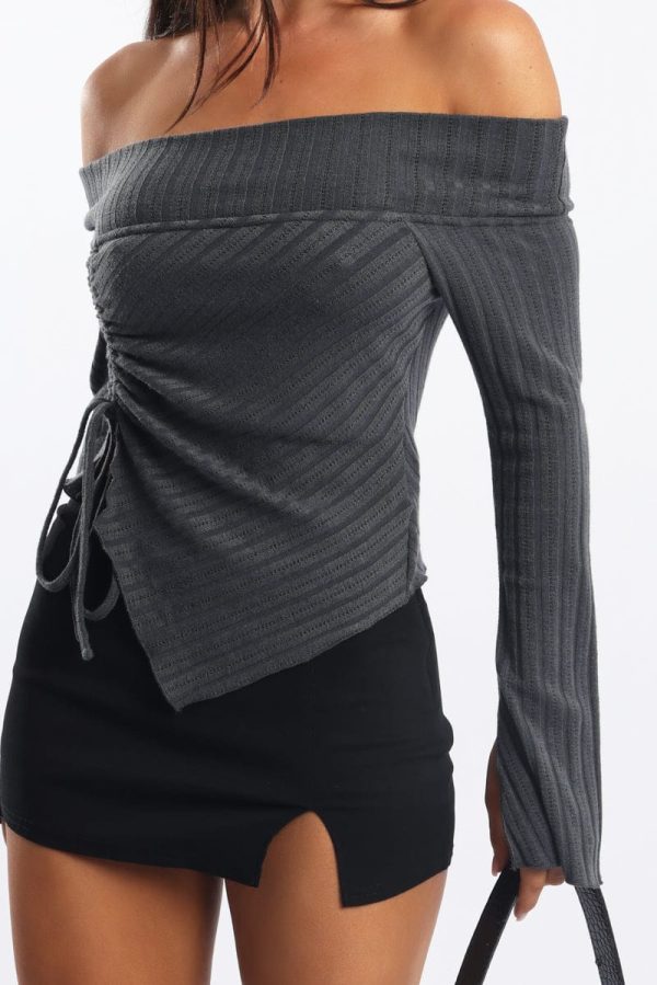 Grey Off Shoulder Top Long Sleeve Ruched - Image 5